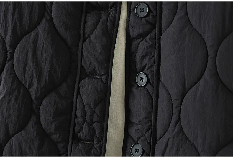 Wavy Quilted Padded Jacket Round Neck Button Front