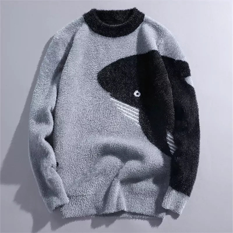 Suéter jacquard de piel sintética de visón con diseño de ballena y anime