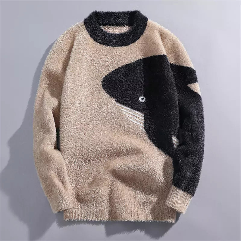 Suéter jacquard de piel sintética de visón con diseño de ballena y anime