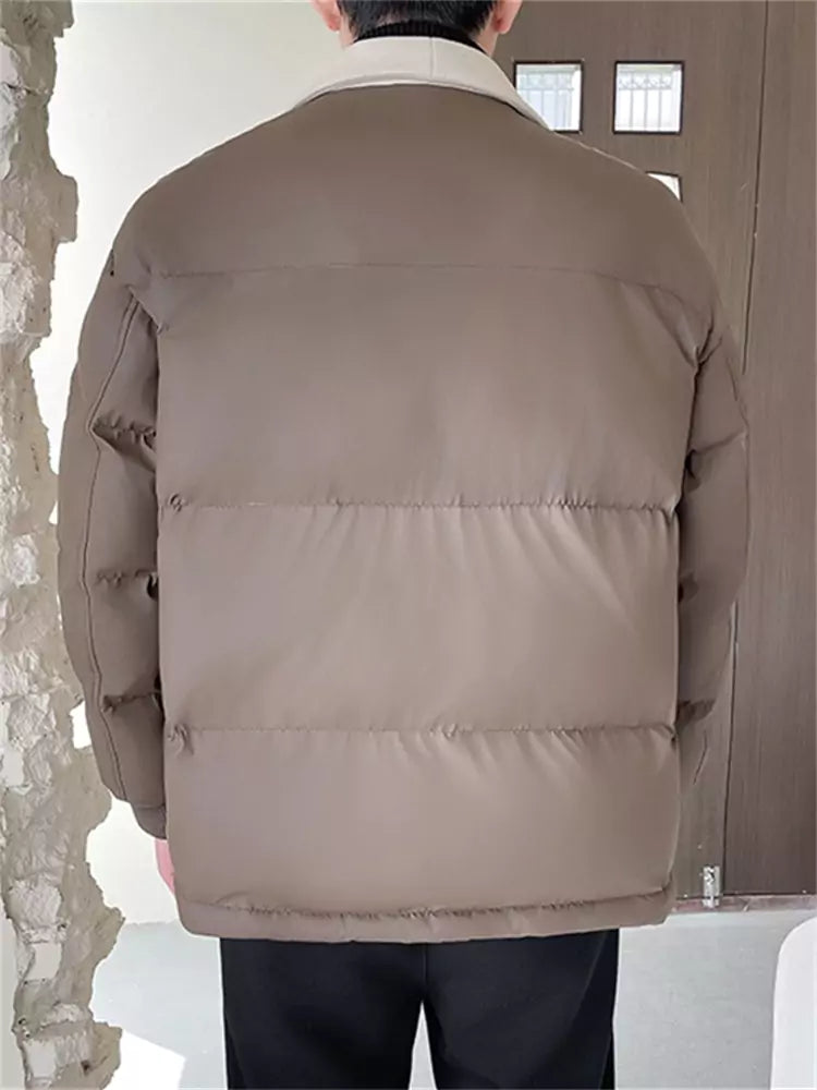 Winter Puffer Jacket with Hooded Collar Colorblock and Quilted Panels