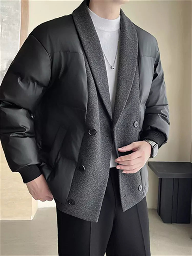 Winter Puffer Jacket with Hooded Collar Colorblock and Quilted Panels