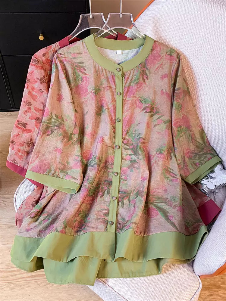 Women's 3/4 Sleeve Green Cotton Linen Printed Loose Mid-Length Blouse