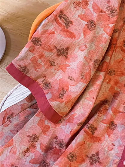 Damenbluse mit 3/4-Ärmeln, rot, aus bedrucktem Baumwoll-Leinen-Mischgewebe, locker geschnitten, mittellang