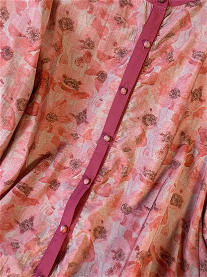 Damenbluse mit 3/4-Ärmeln, rot, aus bedrucktem Baumwoll-Leinen-Mischgewebe, locker geschnitten, mittellang