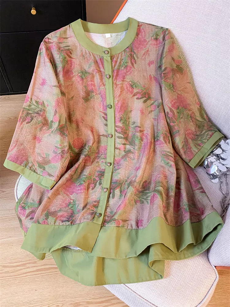 Women's 3/4 Sleeve Green Cotton Linen Printed Loose Mid-Length Blouse