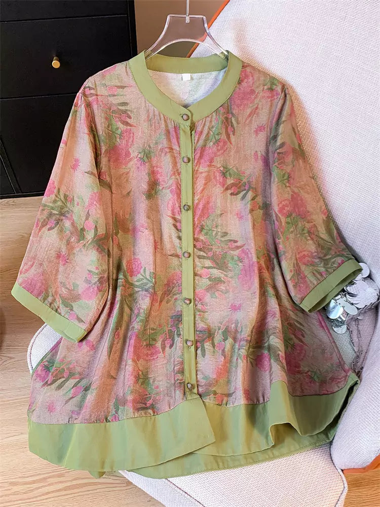 Blusa holgada de lino y algodón rojo con mangas 3/4 y estampado para mujer, de largo medio