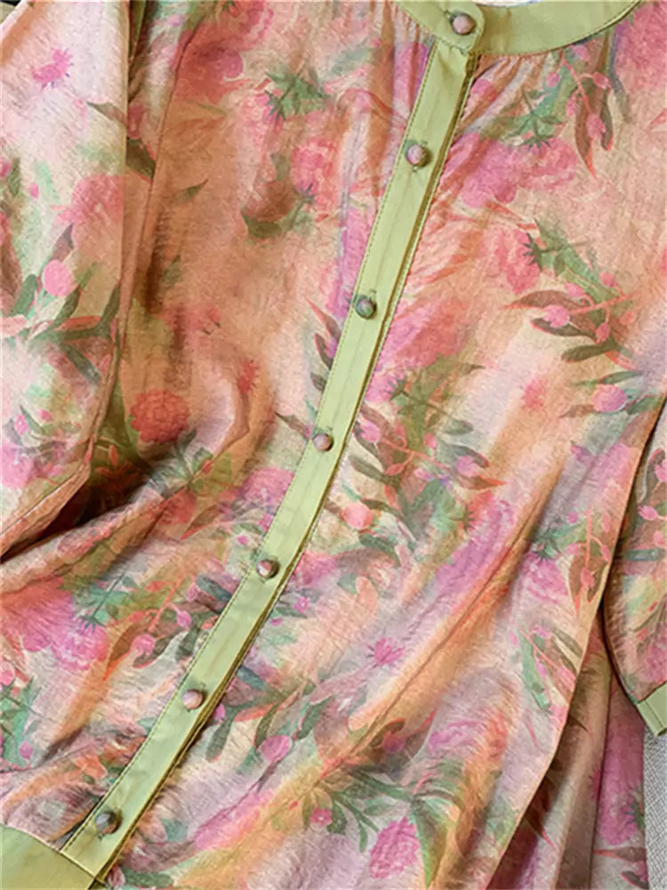Blusa holgada de lino y algodón verde con mangas 3/4 para mujer, con estampado, de largo medio