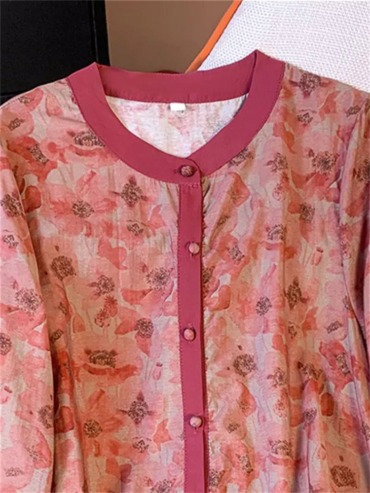 Blusa holgada de lino y algodón rojo con mangas 3/4 y estampado para mujer, de largo medio