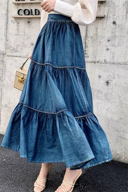 Women's Blue A-Line Denim High Waist Tiered Maxi Skirt