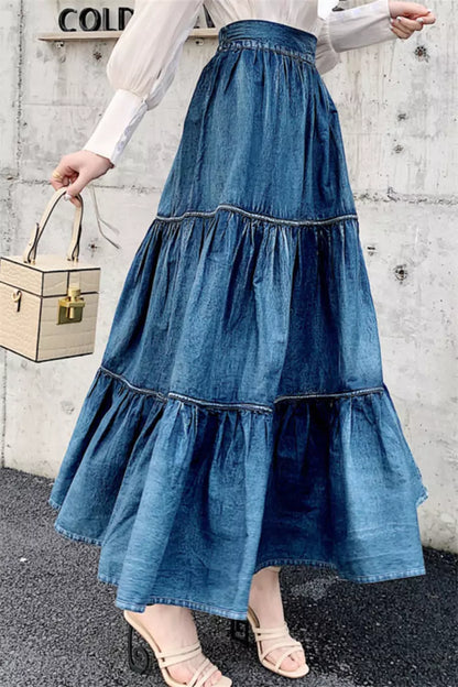 Women's Blue A-Line Denim High Waist Tiered Maxi Skirt