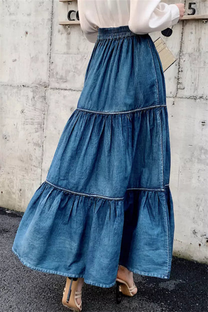 Women's Blue A-Line Denim High Waist Tiered Maxi Skirt