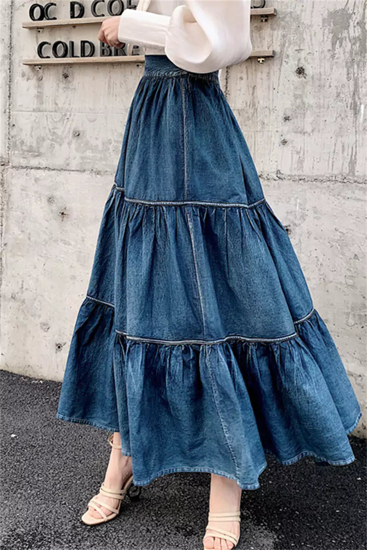 Damen-Maxirock aus blauem A-Linien-Denim mit hohem Bund und Stufenrock