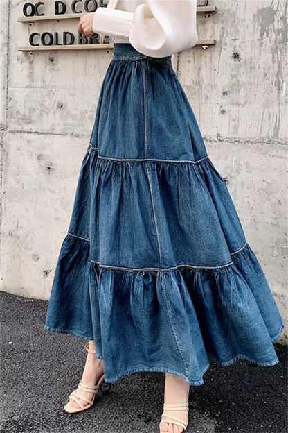 Damen-Maxirock aus blauem A-Linien-Denim mit hohem Bund und Stufenrock