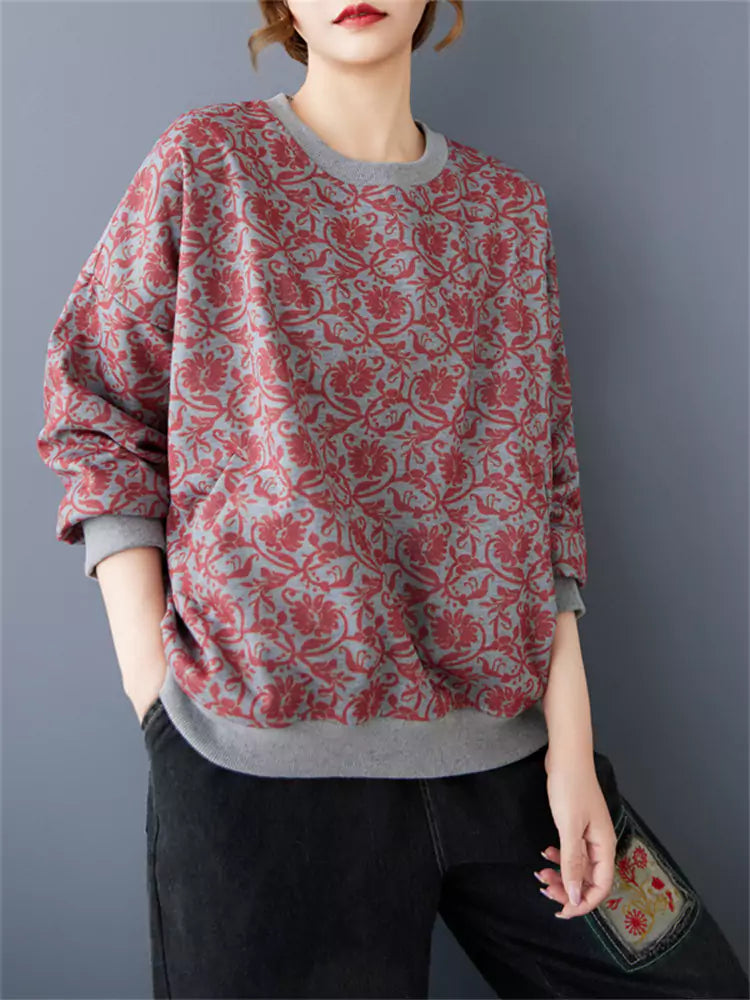Damen-Fleece-Sweatshirt mit künstlerischem Retro-Taschenprint und lockerem Schnitt