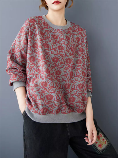 Sudadera informal holgada de polar con estampado retro de bolsillo y estilo artístico para mujer