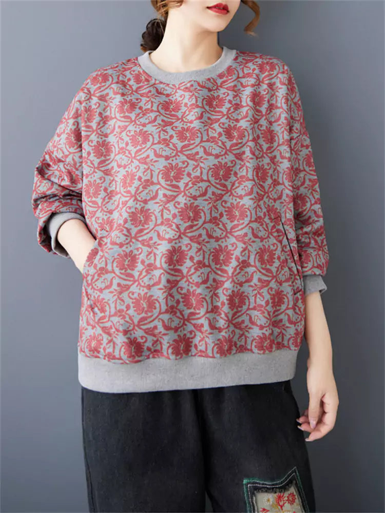 Damen-Fleece-Sweatshirt mit künstlerischem Retro-Taschenprint und lockerem Schnitt