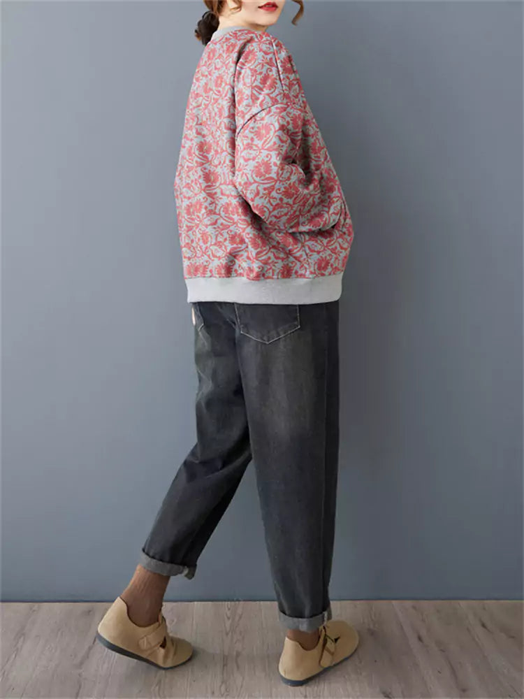 Damen-Fleece-Sweatshirt mit künstlerischem Retro-Taschenprint und lockerem Schnitt