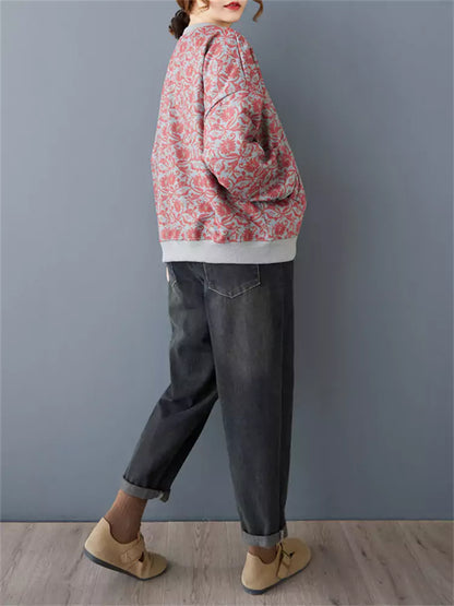 Sudadera informal holgada de polar con estampado retro de bolsillo y estilo artístico para mujer