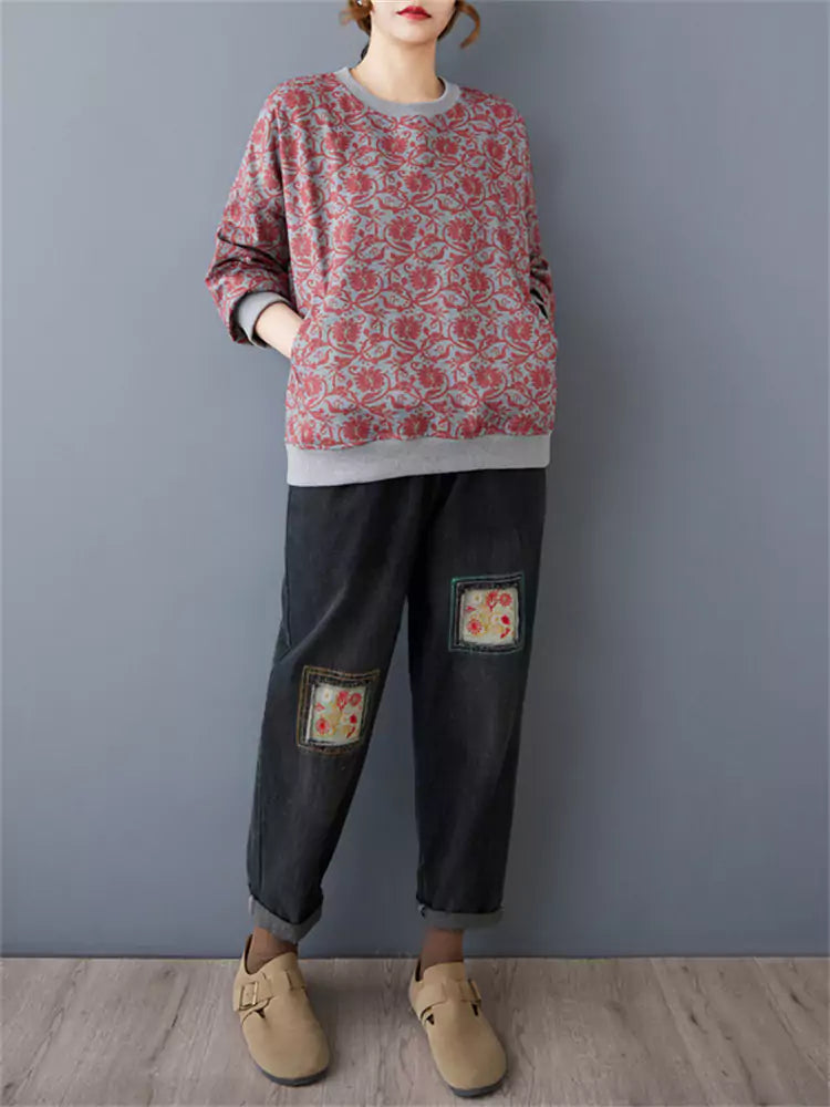 Damen-Fleece-Sweatshirt mit künstlerischem Retro-Taschenprint und lockerem Schnitt