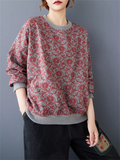 Sudadera informal holgada de polar con estampado retro de bolsillo y estilo artístico para mujer