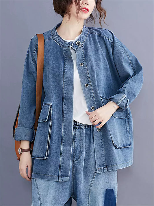 Women's Casual Cargo Denim Jacket with Big Pockets