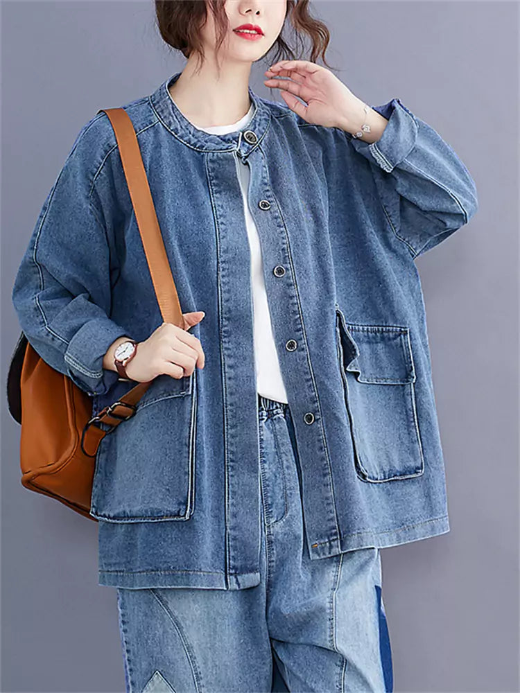 Women's Casual Cargo Denim Jacket with Big Pockets