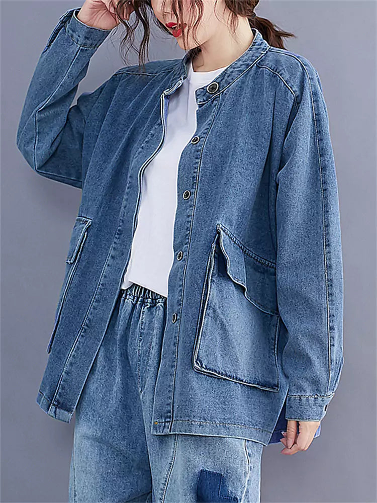 Women's Casual Cargo Denim Jacket with Big Pockets