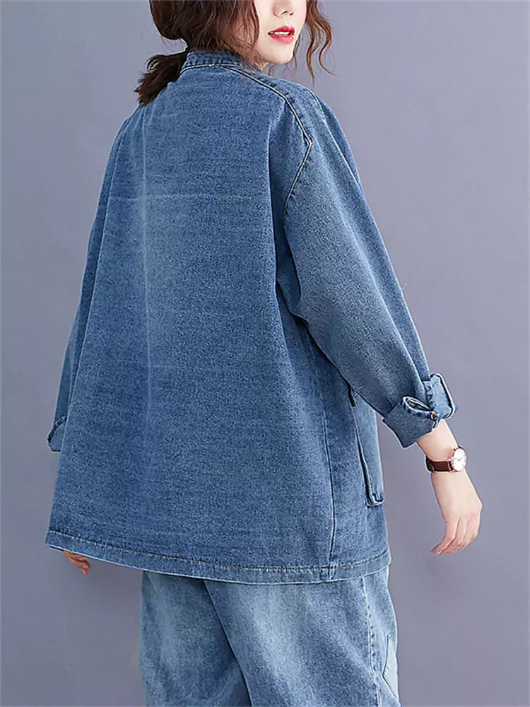 Women's Casual Cargo Denim Jacket with Big Pockets