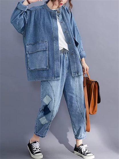 Lässige Damen-Cargo-Jeansjacke mit großen Taschen