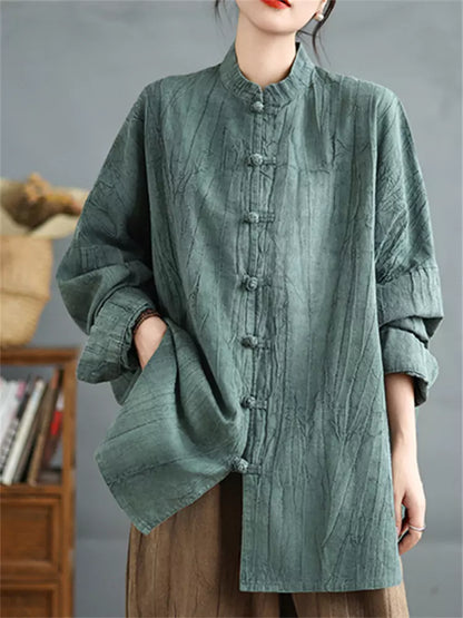 Damenbluse im chinesischen Vintage-Stil, locker geschnitten, Batikmuster, mittellang