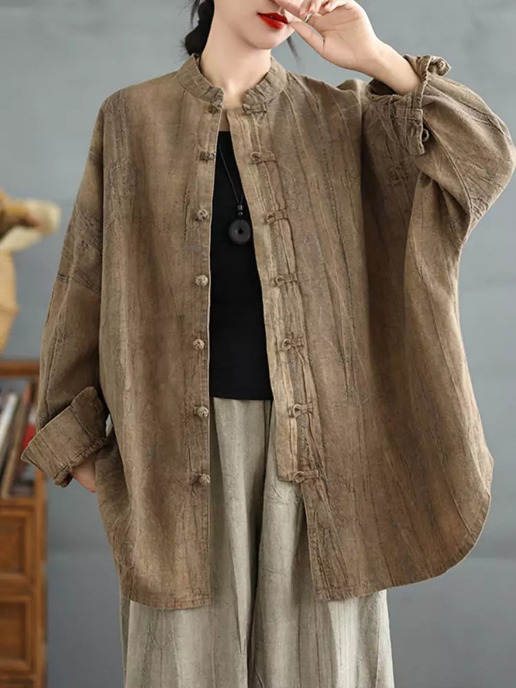 Damenbluse im chinesischen Vintage-Stil, locker geschnitten, Batikmuster, mittellang