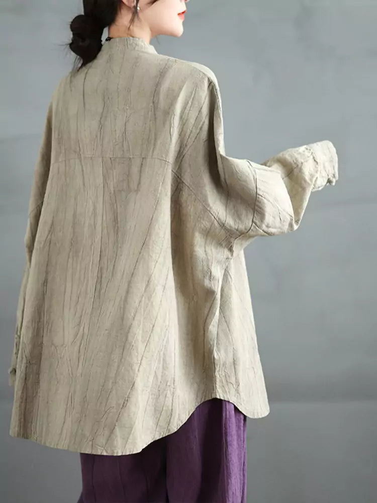 Damenbluse im chinesischen Vintage-Stil, locker geschnitten, Batikmuster, mittellang