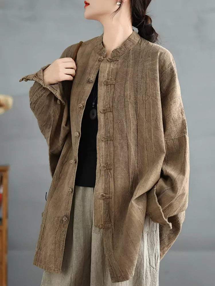 Damenbluse im chinesischen Vintage-Stil, locker geschnitten, Batikmuster, mittellang