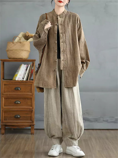 Damenbluse im chinesischen Vintage-Stil, locker geschnitten, Batikmuster, mittellang