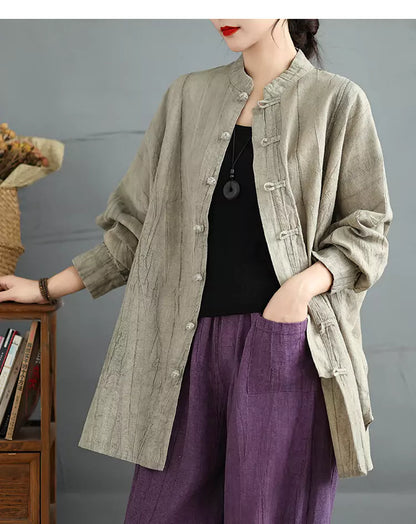 Damenbluse im chinesischen Vintage-Stil, locker geschnitten, Batikmuster, mittellang