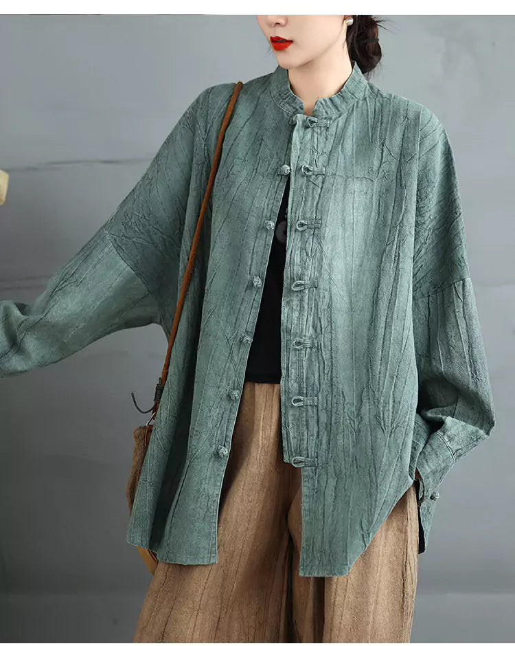 Damenbluse im chinesischen Vintage-Stil, locker geschnitten, Batikmuster, mittellang