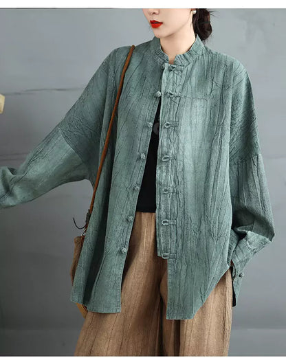 Damenbluse im chinesischen Vintage-Stil, locker geschnitten, Batikmuster, mittellang