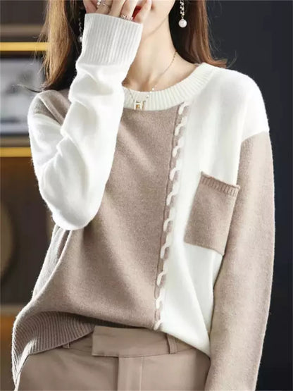 Women's Color Block Crew Neck Cashmere Sweater