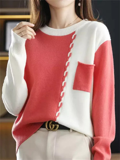 Women's Color Block Crew Neck Cashmere Sweater