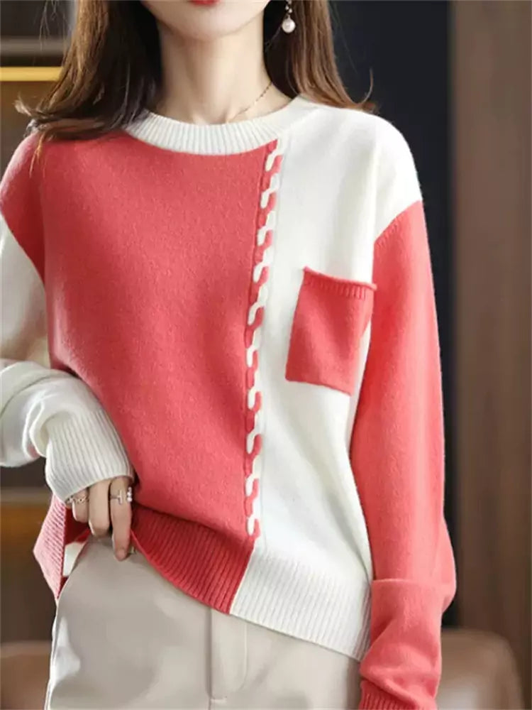 Women's Color Block Crew Neck Cashmere Sweater