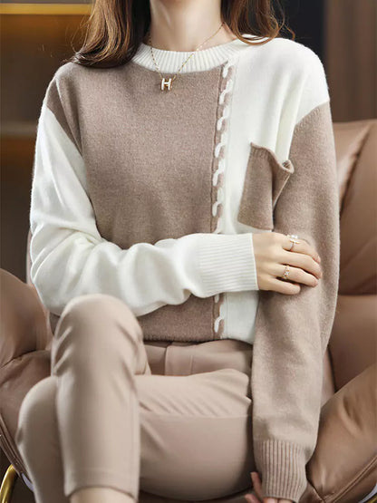 Women's Color Block Crew Neck Cashmere Sweater