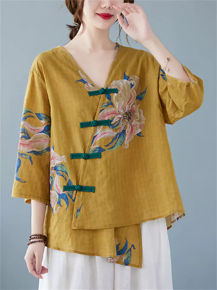 Women's Orange Cotton Linen V-Neck Irregular Floral Print Blouse