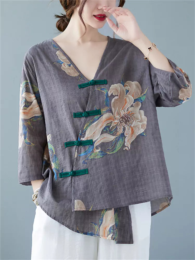 Women's Yellow Cotton Linen V-Neck Irregular Floral Print Blouse