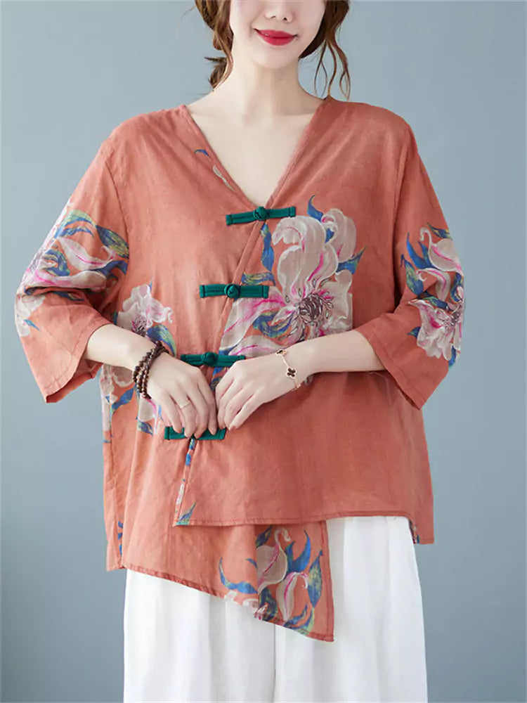 Women's Orange Cotton Linen V-Neck Irregular Floral Print Blouse