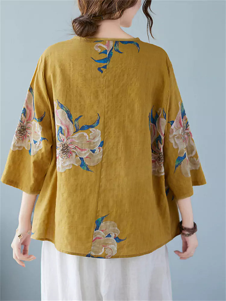 Women's Yellow Cotton Linen V-Neck Irregular Floral Print Blouse