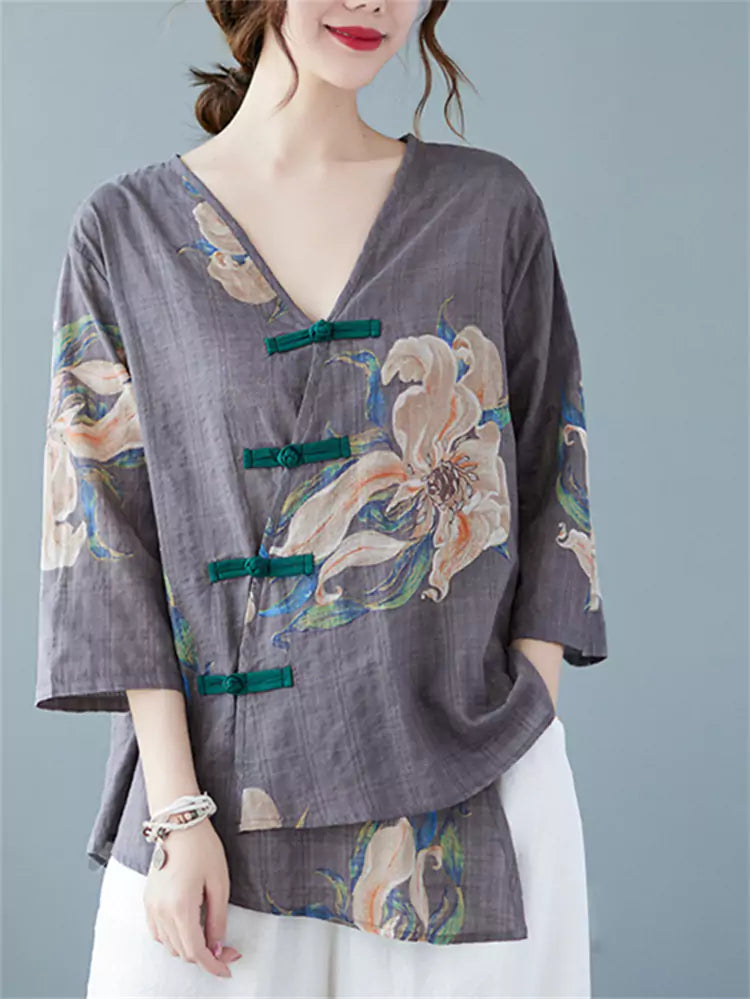 Women's Grey Cotton Linen V-Neck Irregular Floral Print Blouse