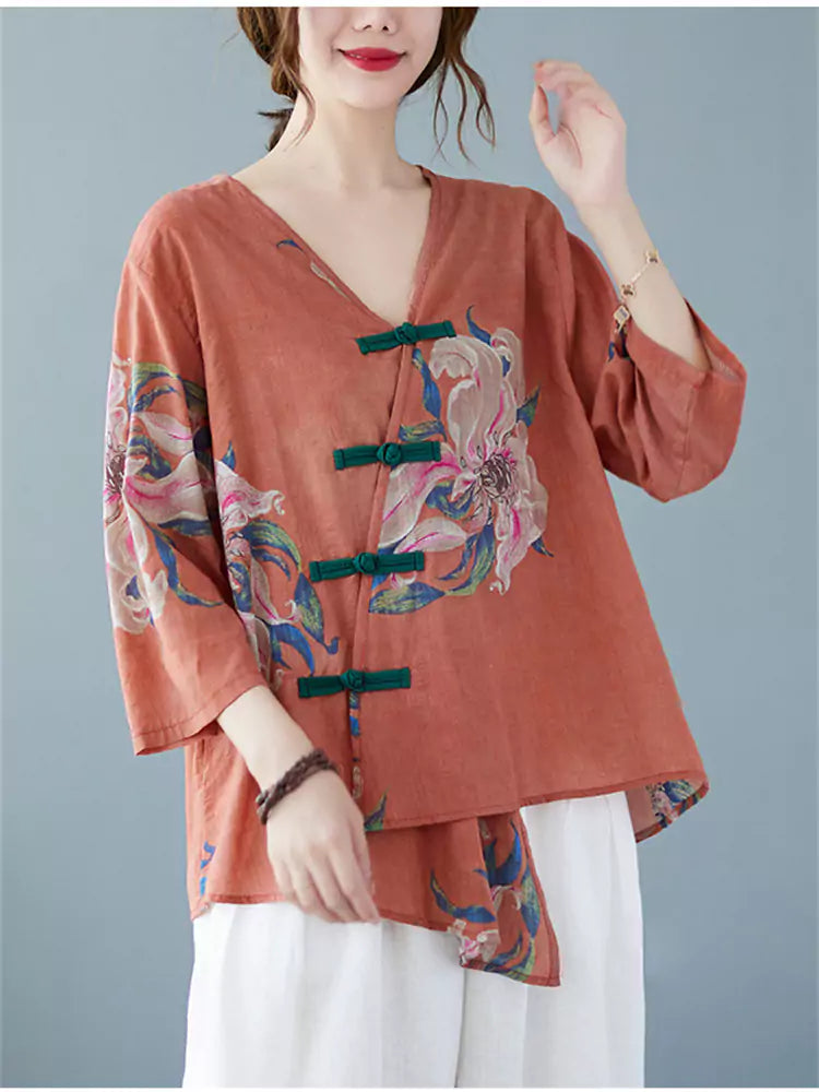 Women's Grey Cotton Linen V-Neck Irregular Floral Print Blouse