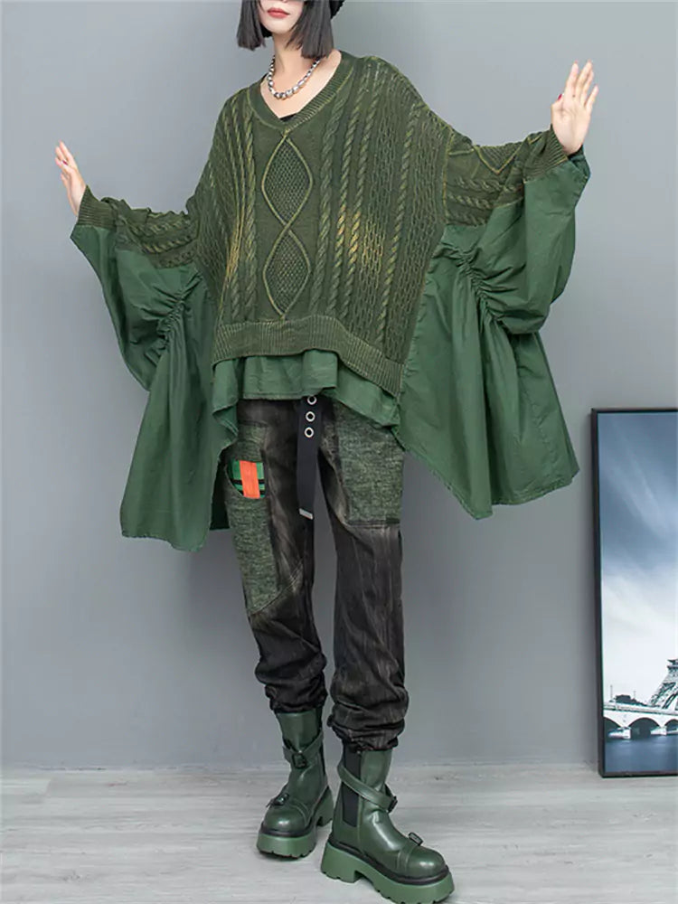 Women's Green Distressed Cable Knit Patchwork Ruffle Hem  Batwing Sleeve Sweater