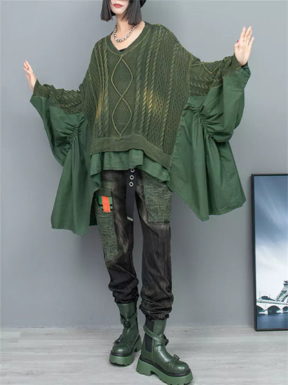 Suéter de mujer con mangas murciélago, dobladillo con volantes y parches de punto trenzado en verde desgastado