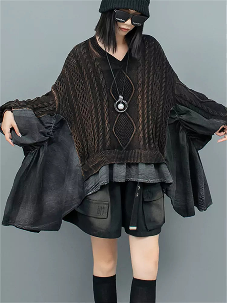 Women's Black Distressed Cable Knit Patchwork Ruffle Hem  Batwing Sleeve Sweater